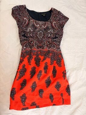 Club Monaco Navy and Bright Red Paisley Cap-Sleeve Mini Dress